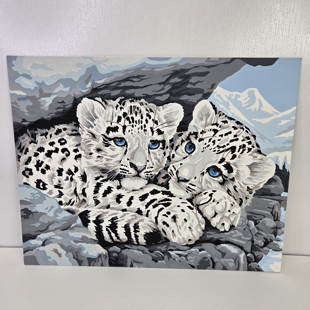 VTG Snow Leopard Cubs Paint By Numbers Finished Acrylic‎ Painting 14x11 Animals